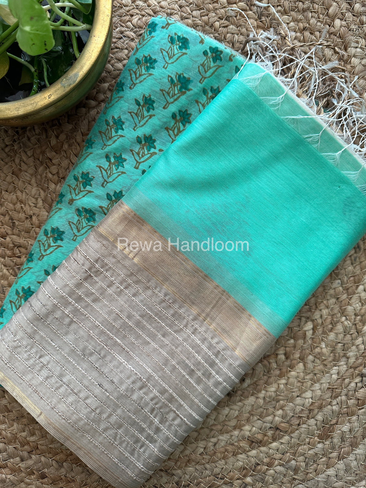 Maheshwari Sea Green-White Handblock Print Top-Dupatta-HBS077