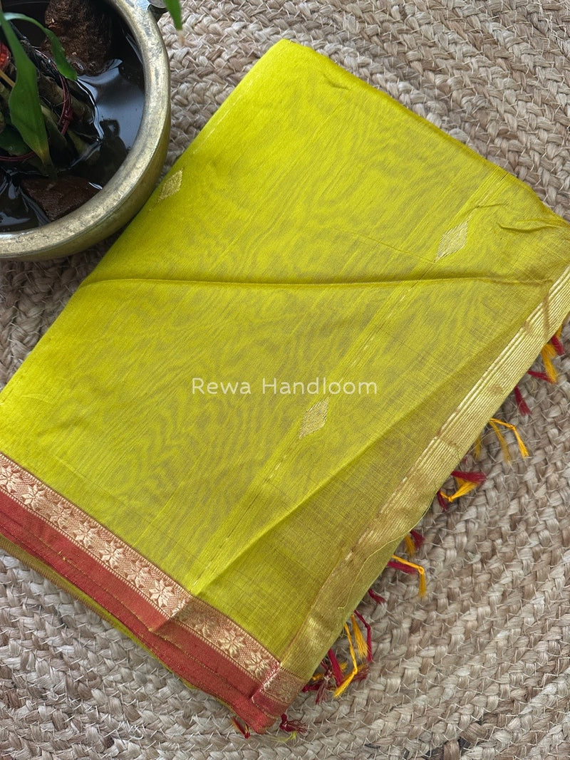 Lemon Yellow Zari Butti Maheshwari Saree SBS07