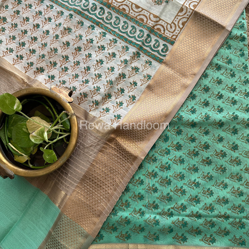 Maheshwari Sea Green-White Handblock Print Top-Dupatta-HBS077
