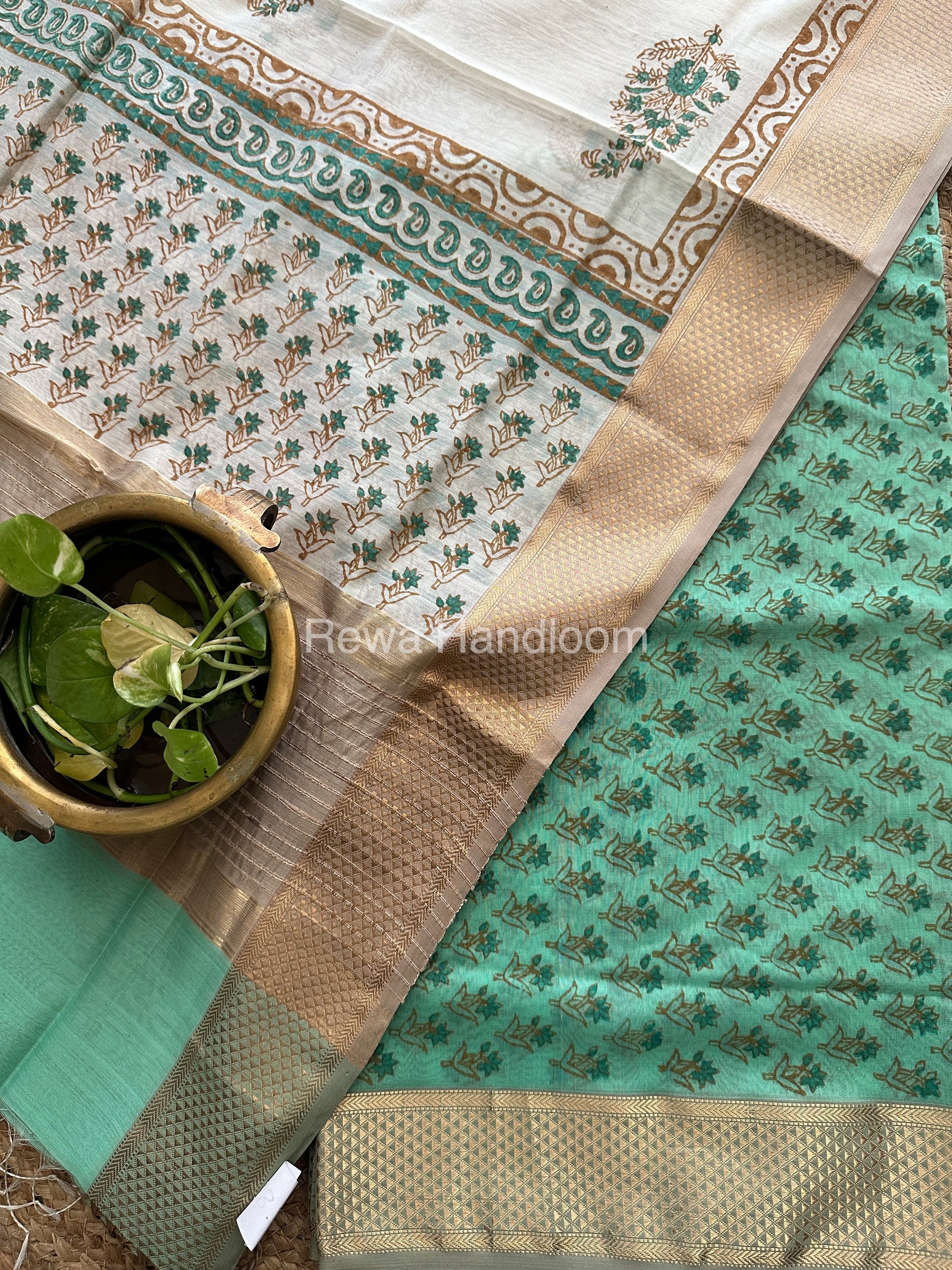 Maheshwari Sea Green-White Handblock Print Top-Dupatta-HBS077