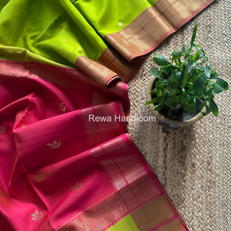 Maheshwari Parrot Green Lotus Butta Saree LBS082