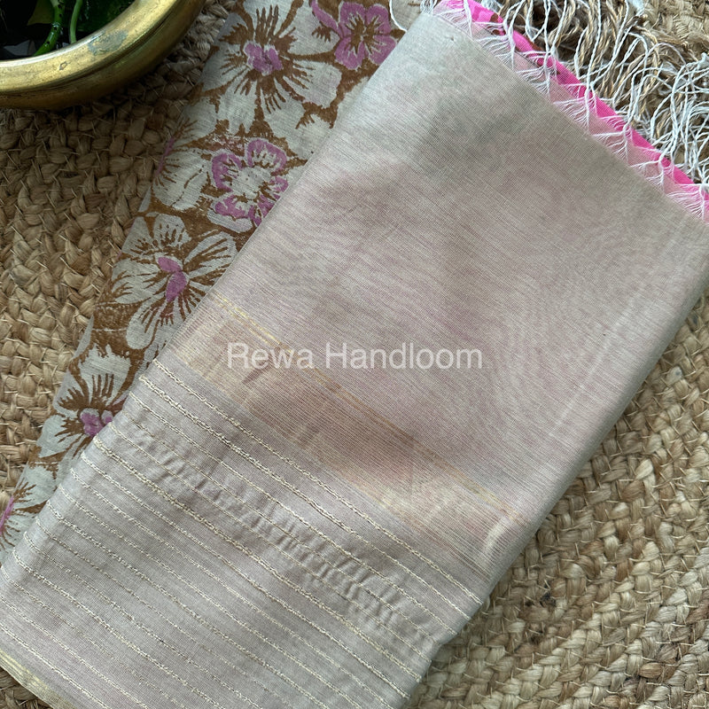 Maheshwari Beige-Rani Pink Handblock Print Top-Dupatta-HBS078