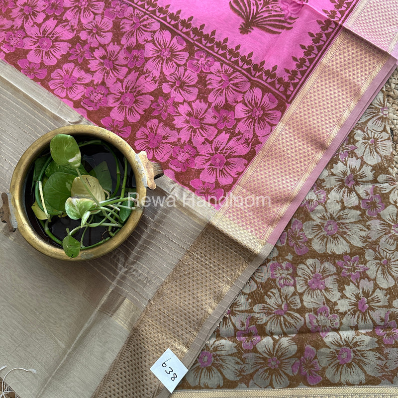 Maheshwari Beige-Rani Pink Handblock Print Top-Dupatta-HBS078