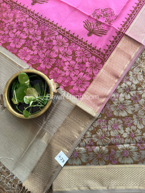 Maheshwari Beige-Rani Pink Handblock Print Top-Dupatta-HBS078