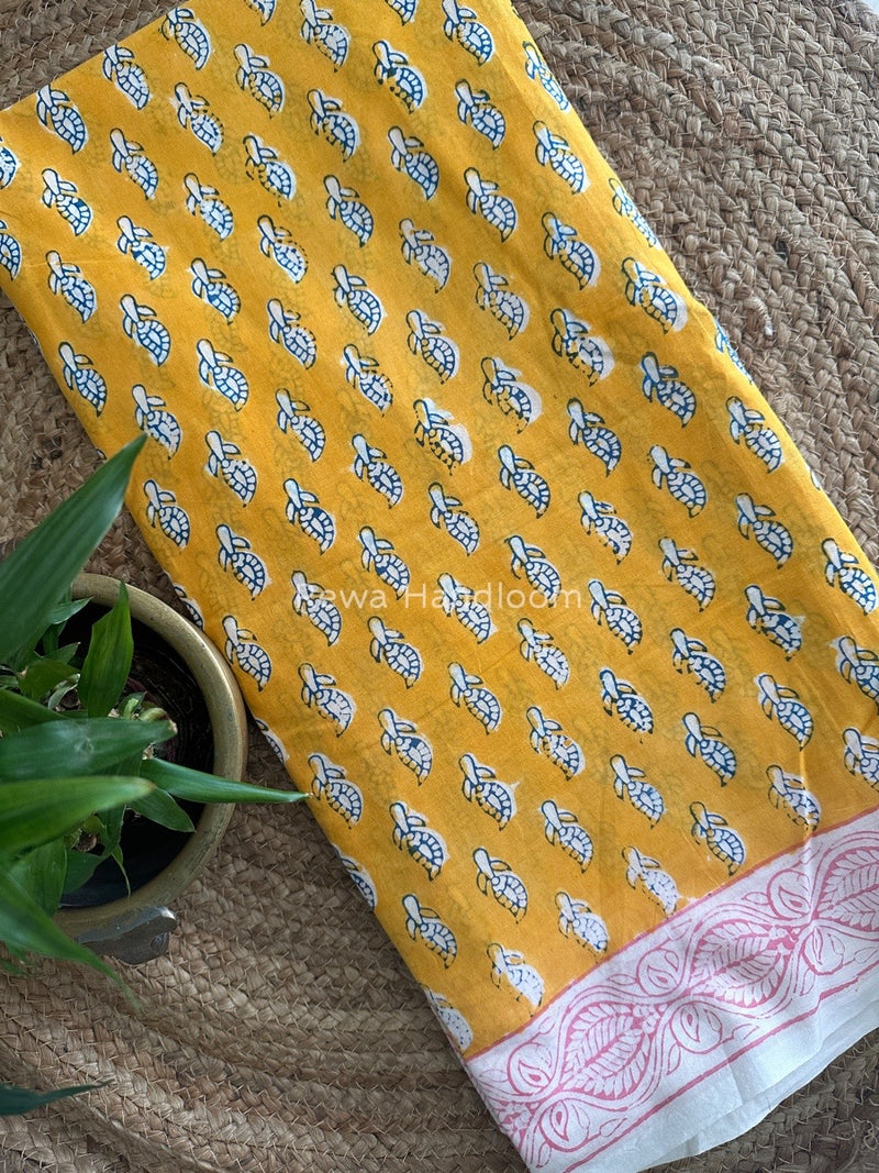 Yellow Indigo Cotton Saree IND015