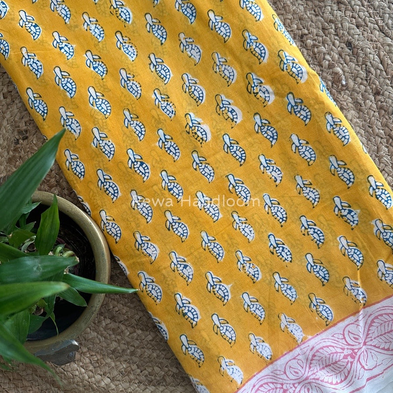 Yellow Indigo Cotton Saree IND015