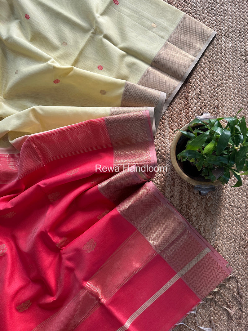 Maheshwari Cream Yellow Lotus Butta Saree LBS084