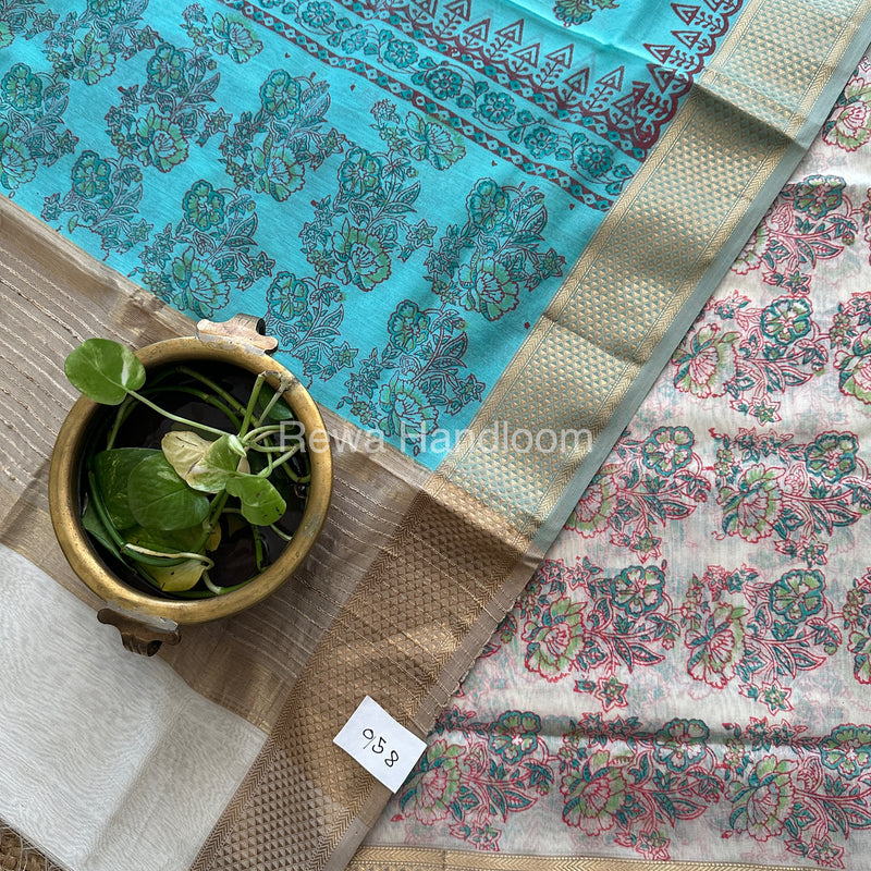 Maheshwari White-Sky Blue Handblock Print Top-Dupatta-HBS072