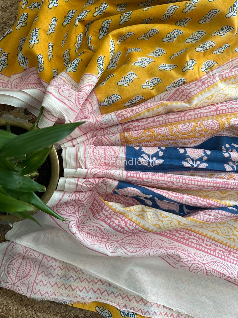 Yellow Indigo Cotton Saree IND015
