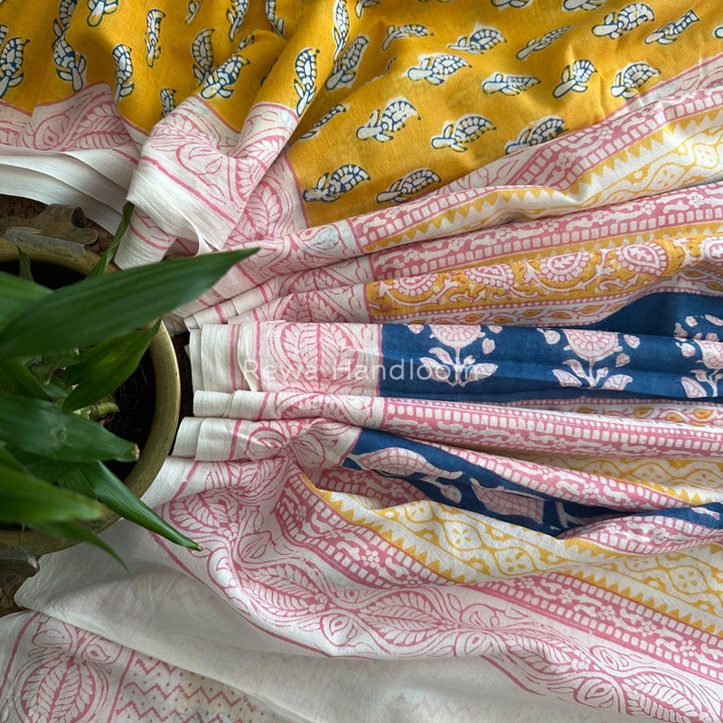 Yellow Indigo Cotton Saree IND015