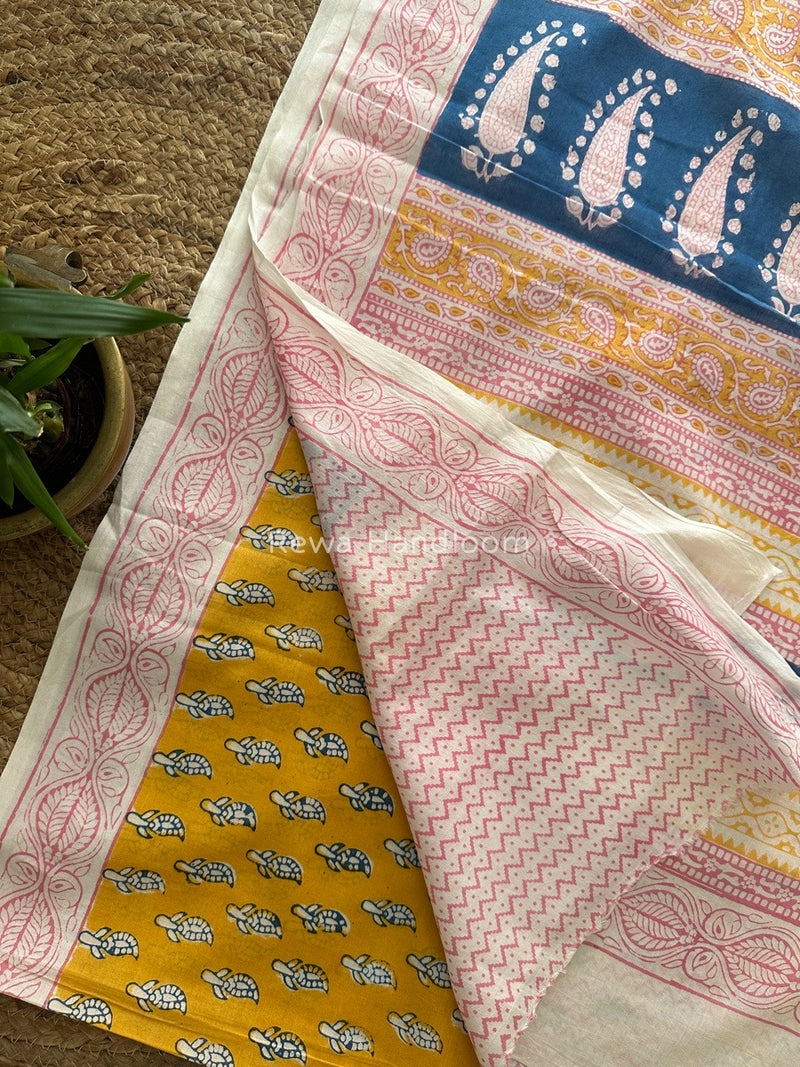 Yellow Indigo Cotton Saree IND015