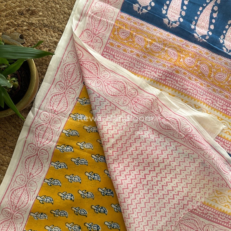 Yellow Indigo Cotton Saree IND015