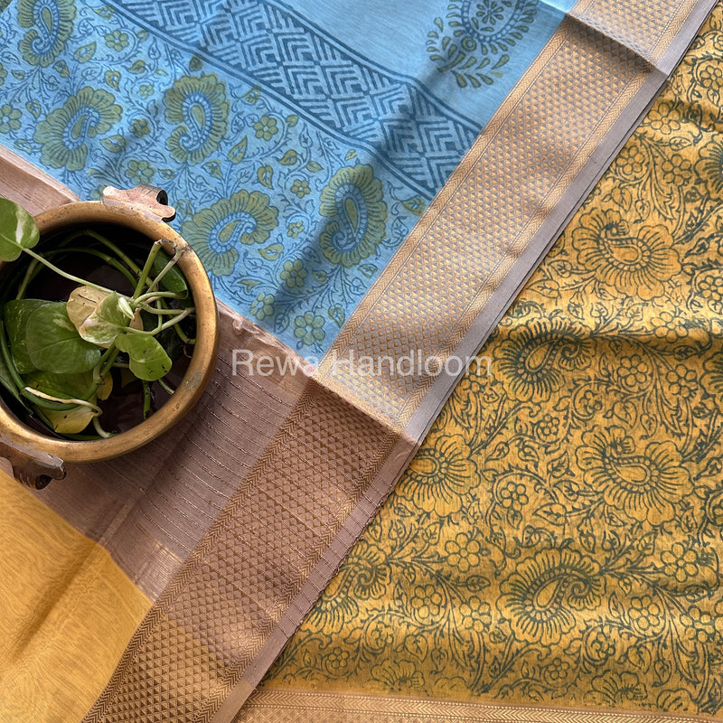 Maheshwari Yellow-Sky Blue Handblock Print Top-Dupatta-HBS079