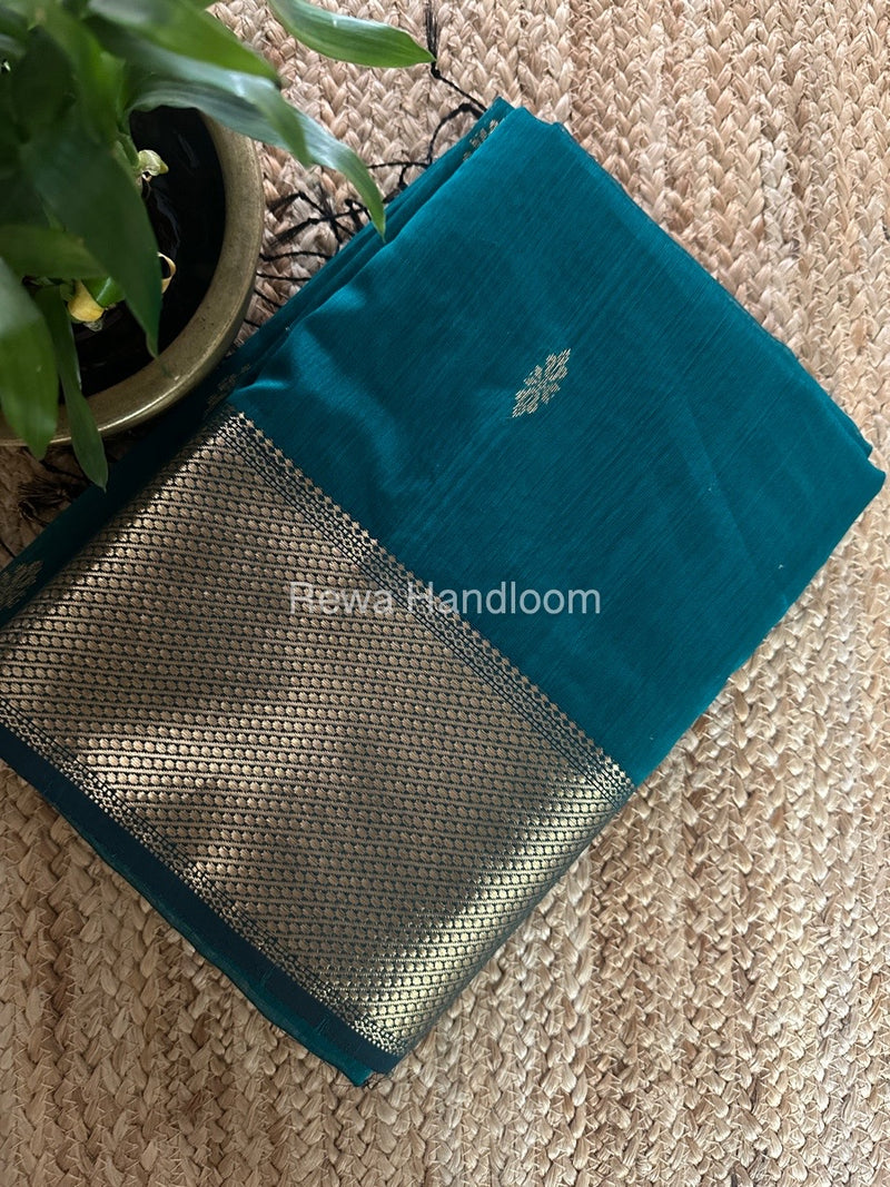 Teal Green Butta Zari Border Maheshwari Saree LBS032