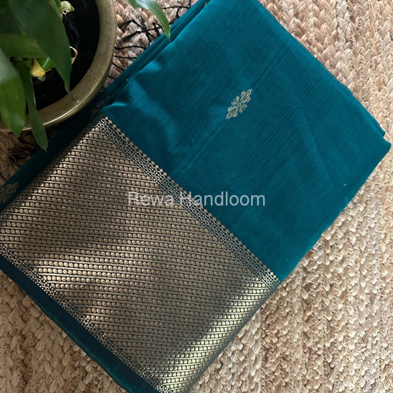 Teal Green Butta Zari Border Maheshwari Saree LBS032