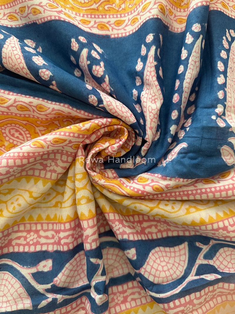 Yellow Indigo Cotton Saree IND015