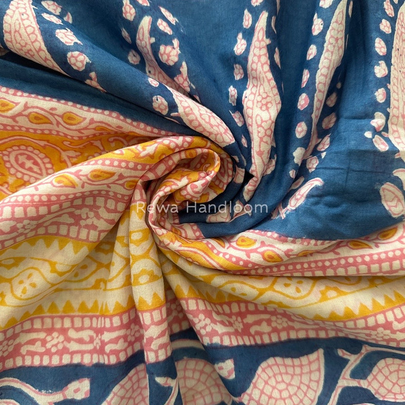 Yellow Indigo Cotton Saree IND015