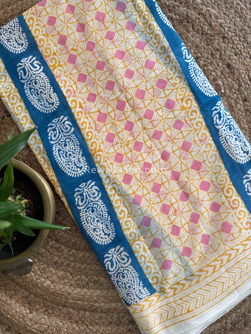 Off White Indigo Cotton Saree IND017