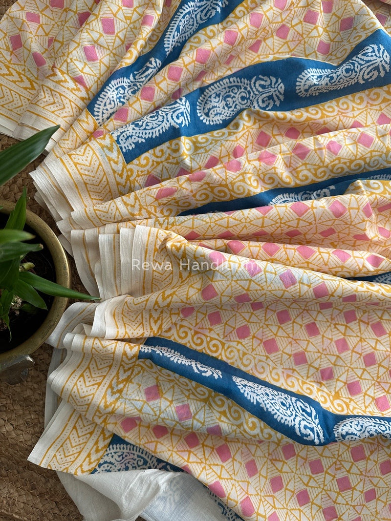 Off White Indigo Cotton Saree IND017