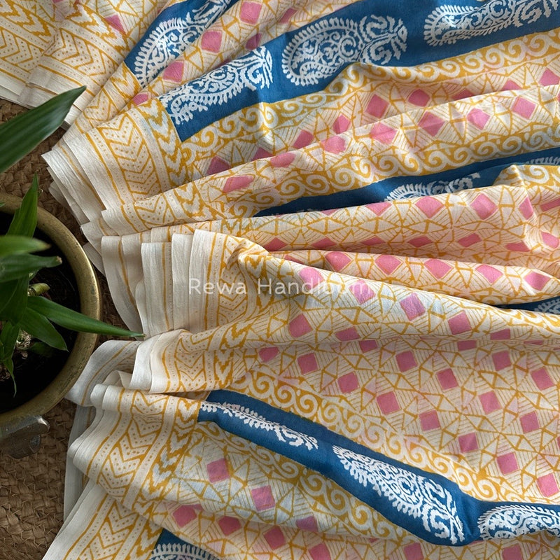 Off White Indigo Cotton Saree IND017