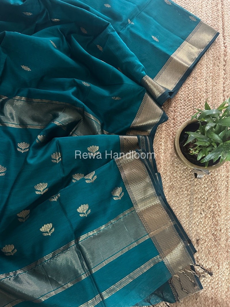Teal Green Butta Zari Border Maheshwari Saree LBS032