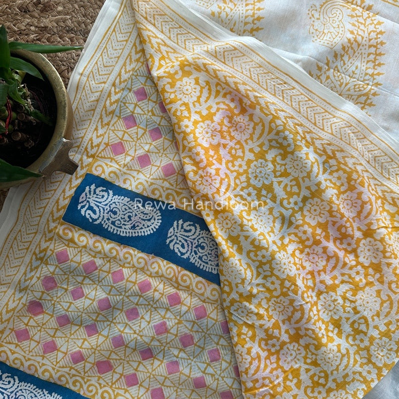 Off White Indigo Cotton Saree IND017