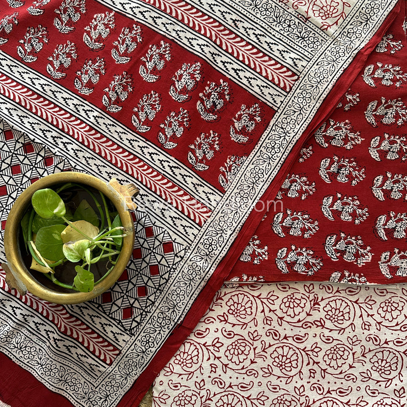Maroon-White Bagh Print Cotton Suit-BCS61