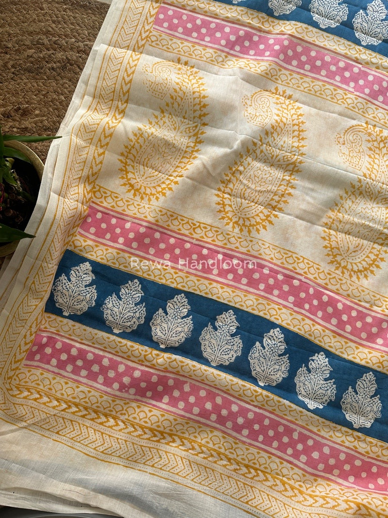 Off White Indigo Cotton Saree IND017