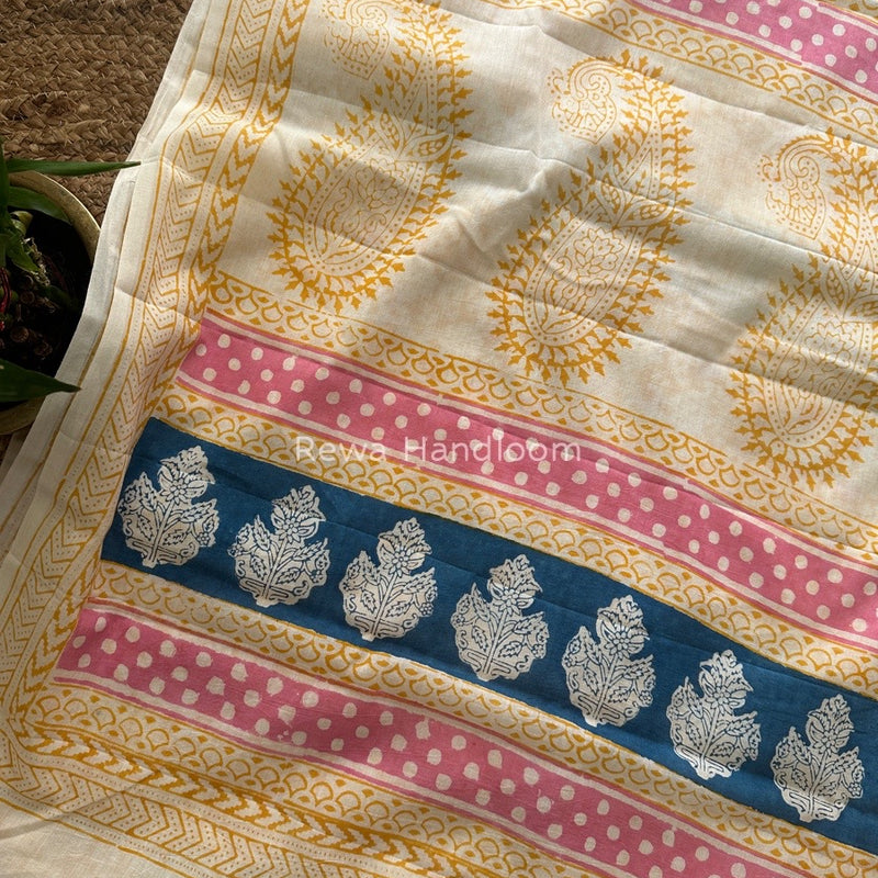 Off White Indigo Cotton Saree IND017