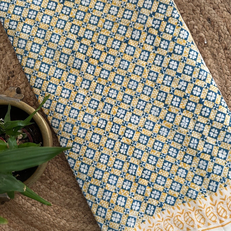 Yellow Indigo Cotton Saree IND019