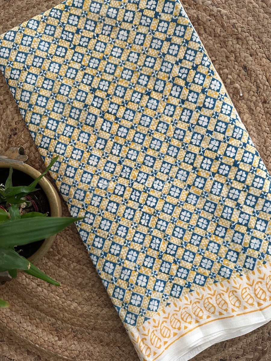 Yellow Indigo Cotton Saree IND019