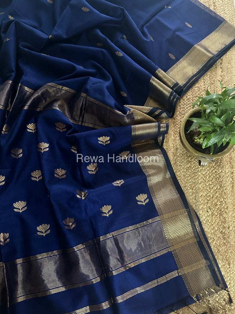 Blue Butta Zari Border Maheshwari Saree LBS031