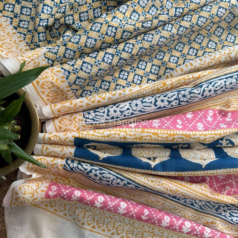 Yellow Indigo Cotton Saree IND019