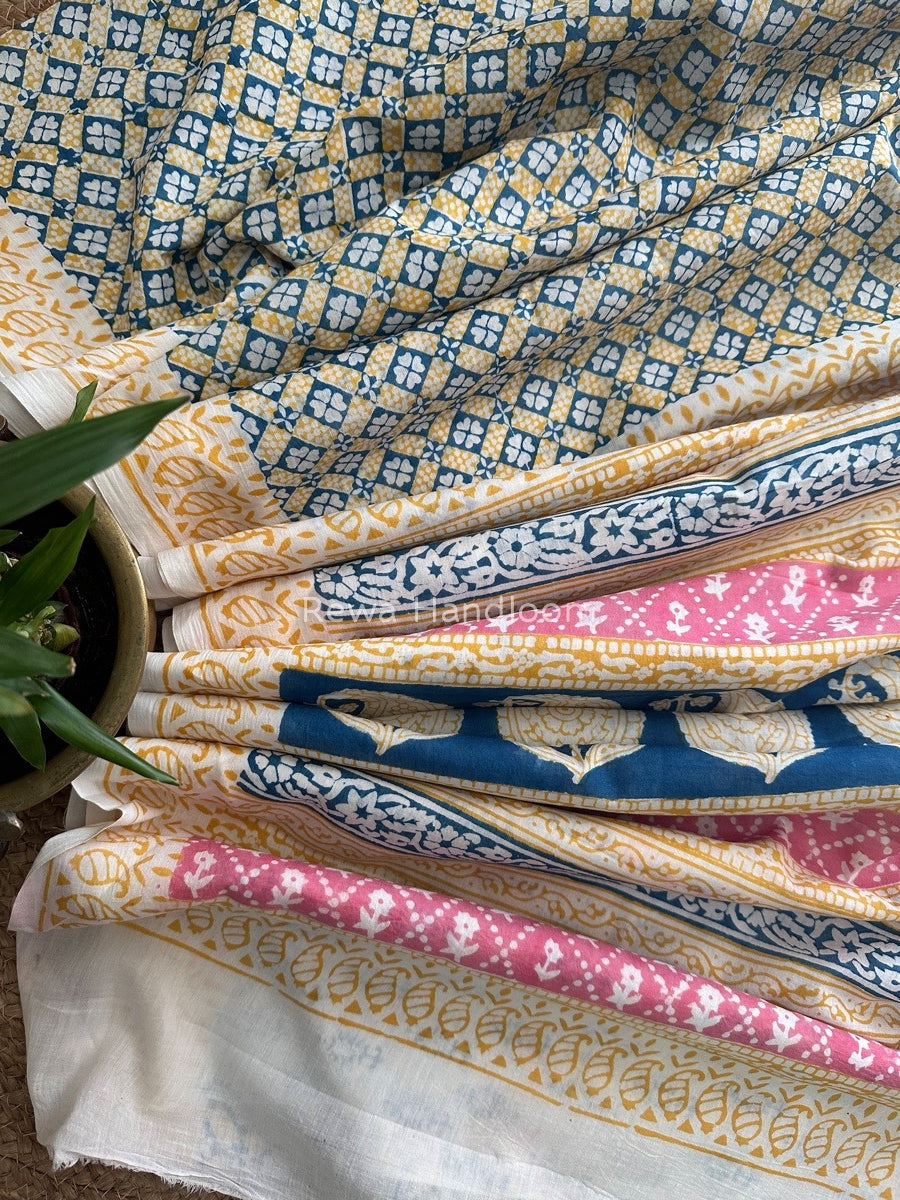 Yellow Indigo Cotton Saree IND019