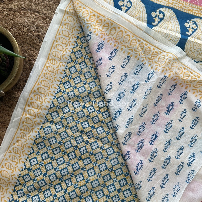 Yellow Indigo Cotton Saree IND019