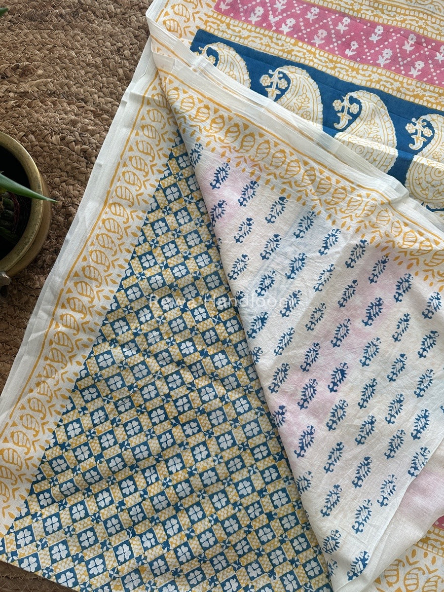 Yellow Indigo Cotton Saree IND019