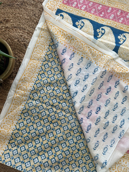 Yellow Indigo Cotton Saree IND019