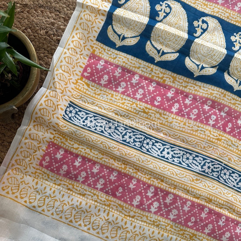 Yellow Indigo Cotton Saree IND019