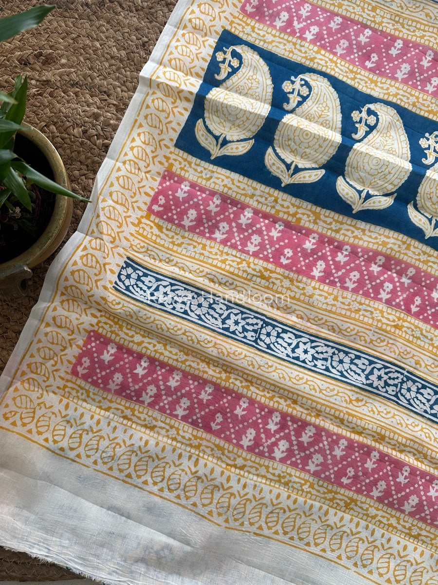Yellow Indigo Cotton Saree IND019