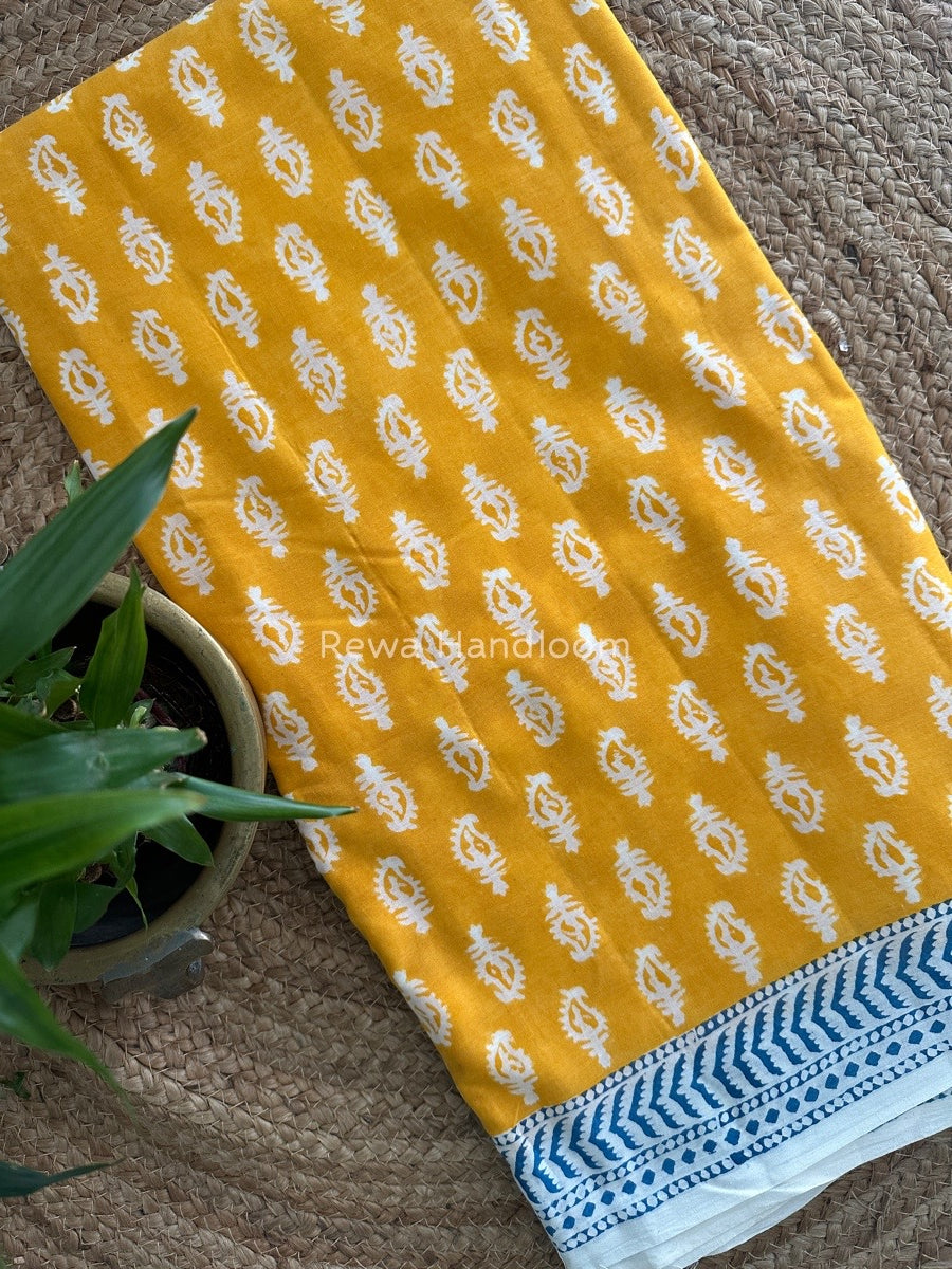 Yellow Indigo Cotton Saree IND023