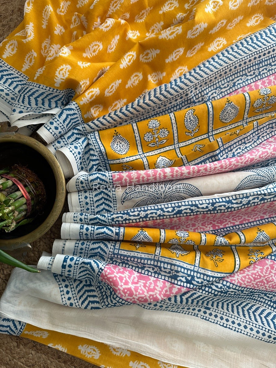 Yellow Indigo Cotton Saree IND023