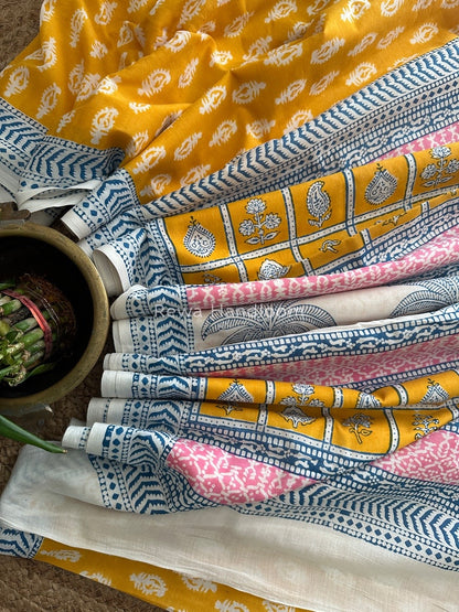 Yellow Indigo Cotton Saree IND023