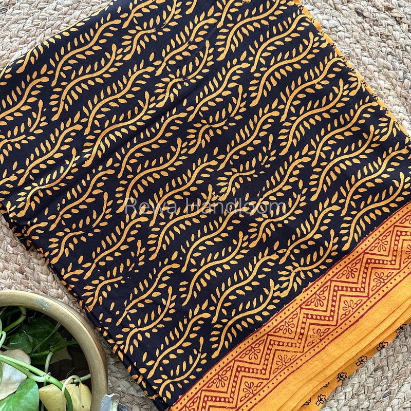 Black-Mustard Yellow Bagh Print Cotton Suit-BCS65