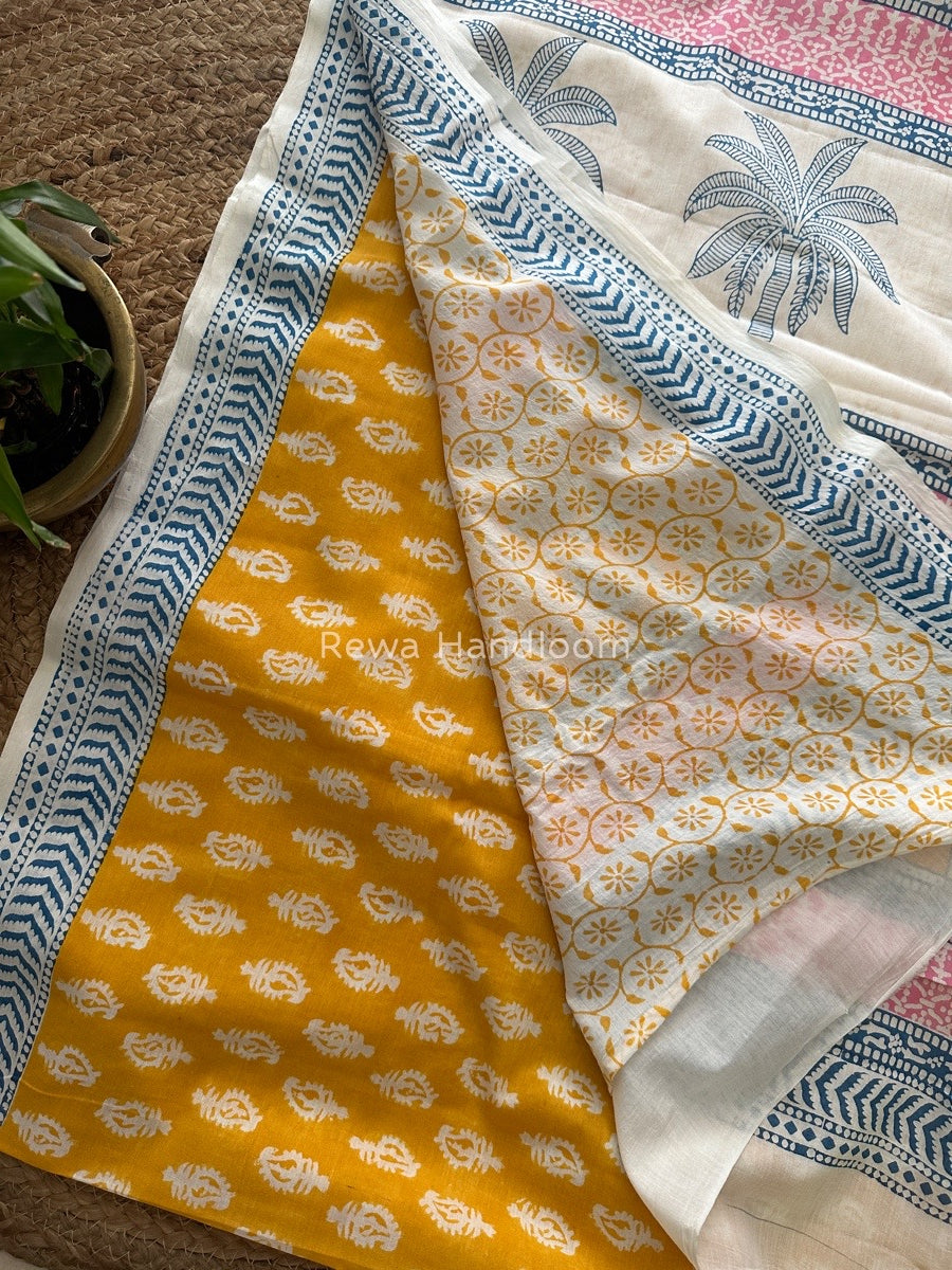 Yellow Indigo Cotton Saree IND023