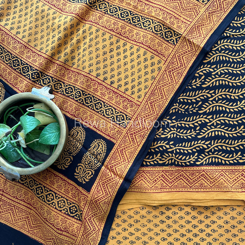 Black-Mustard Yellow Bagh Print Cotton Suit-BCS65