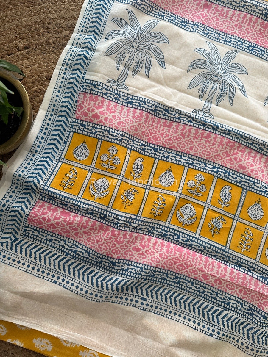 Yellow Indigo Cotton Saree IND023
