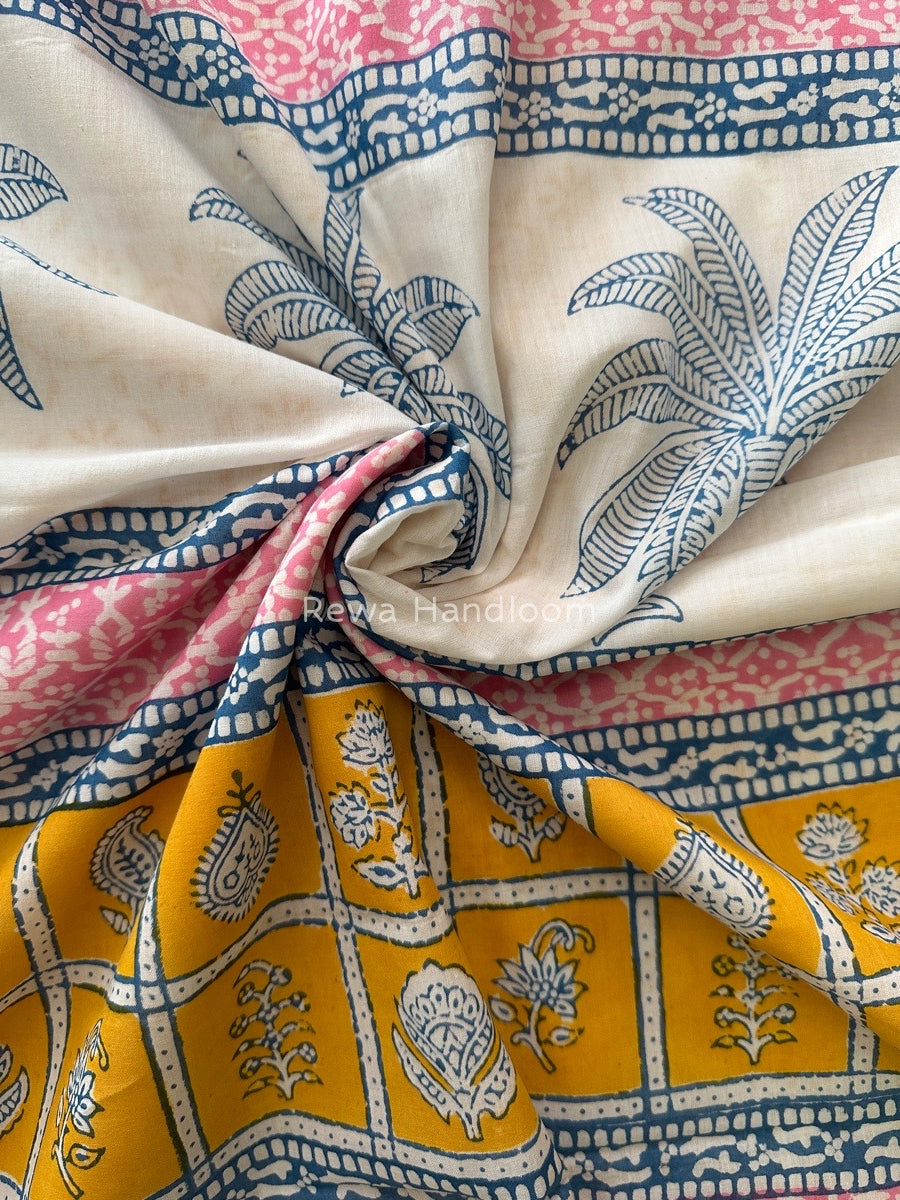 Yellow Indigo Cotton Saree IND023