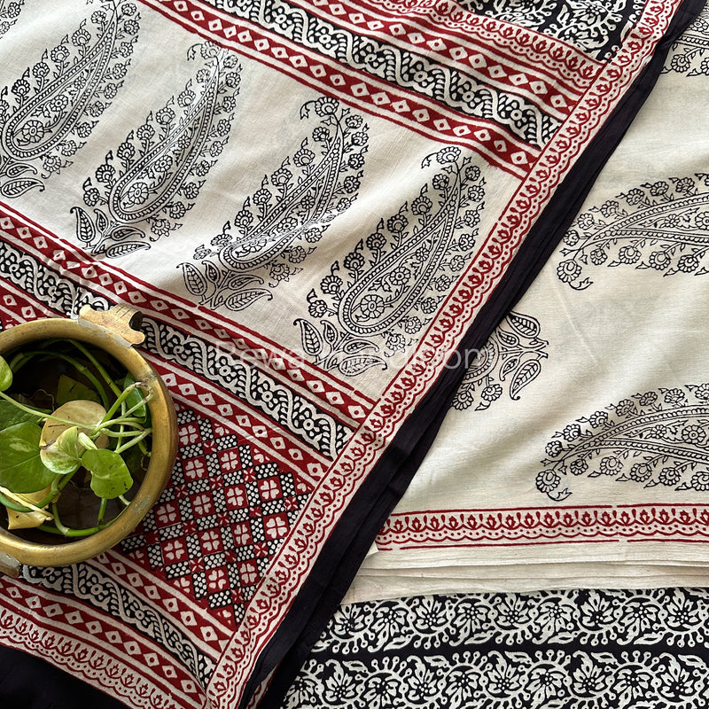 White-Black Bagh Print Cotton Suit-BCS66