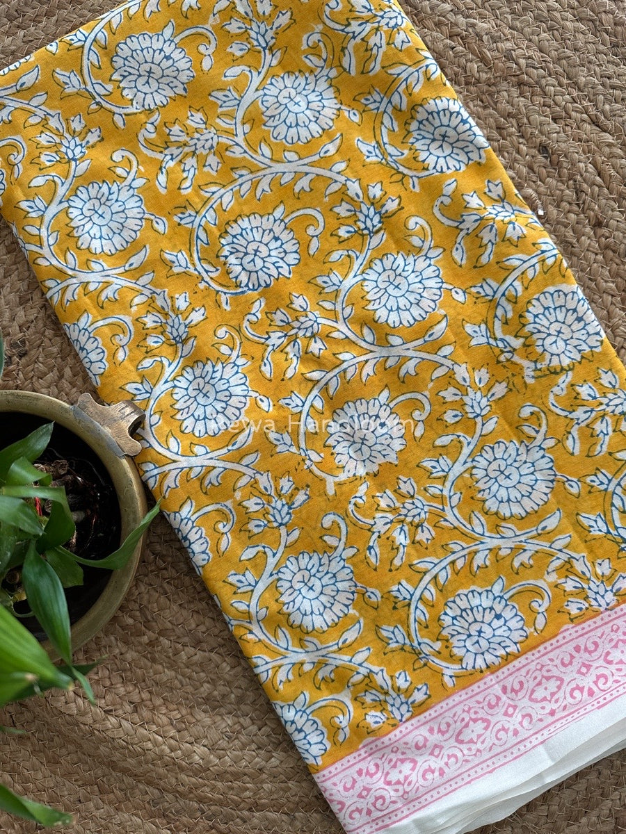 Yellow Indigo Cotton Saree IND025
