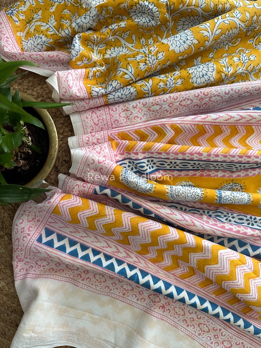Yellow Indigo Cotton Saree IND025